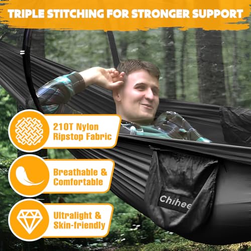 Chihee Ultra-Light Travel Camping Hammock Pop-up Net Hammock 660lbs Load Capacity,Breathable,Quick-Drying Parachute Nylon 2 Premium Carabiners,2 Tree Slings Included for Outdoor Backpacking Hiking - color: Black