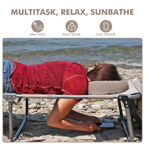 Tanning Chair with Sun Canopy Face Hole Softer Padded Adjustable Washable, Heavy Duty Layout Folding Lounge Chair for Adults Outside Beach Reading Sunbathing Poolside Lawn, UPF 50+ Sun Shade, 300 LBS - color: Beige, size: Standard Size