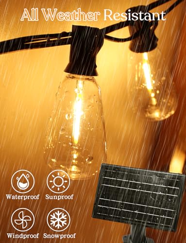 150ft Solar Outdoor String Lights with Remote - USB Rechargeable Solar Powered Outdoor Patio Lights - Timer, Dimmable Shatterproof ST38 Bulbs for Backyard, Garden, Pool - size: 150 Feet