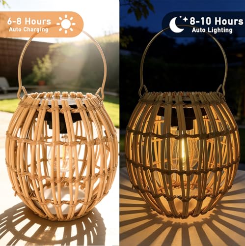 Solar Outdoor Lanterns, Hanging Rattan Lantern Handwoven Garden Lights Solar lamp Waterproof for Outside, Idea for Yard Gazebo Patio Pergola Pathway Front Porch Decor, 2 Pack