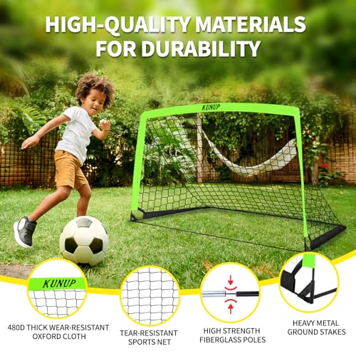 2 Set Kids Soccer Goals for Backyard with Training Equipment, Portable Foldable Practice Nets with Ball, Dice & Mat, Cones, Air Pump and Carry Bag for Toddler Youth Outdoor Sports Game - color: Optic Green, style: 5x3FT
