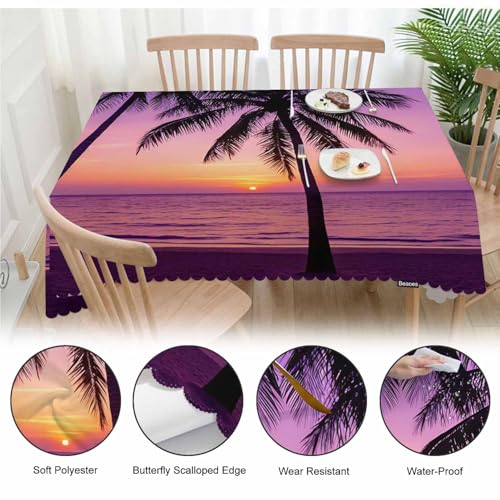 Decorative Rectangle Tablecloth 52"X70" Beach Sunset, Paradise Beach Palm Trees Sunset Wrinkle Free Table Cover Picnic Table Cloths for Parties Weddings Kitchen Tablecloth Purple - color: Beach Sunset