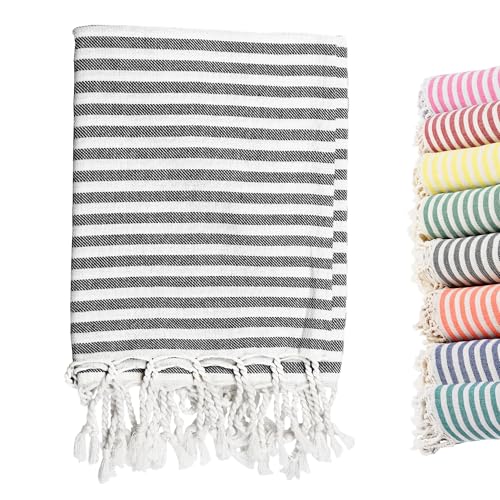 Turkish Striped Beach Towels Bulk Oversized 39"x71" Large Bath and Pool Set Quick Dry Lightweight Travel Towel for Adult,100% Cotton TEBT-18-1black - color: Black, size: 1 Pack