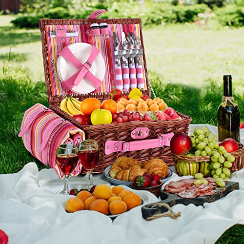 Wicker Picnic Basket for 4 with Waterproof Picnic Blanket and Insulated Cooler, Willow Hamper for Camping, Outdoors, Photoshoot, or a Birthday, Valentine’s Day, Wedding Gift, Pink - color: Pink Stripe