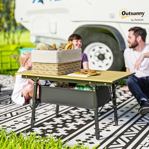 Outsunny 3ft Portable Camping Table with Storage Bag, Adjustable Height Aluminum Small Folding Table, Lightweight Picnic Table with Carry Bag for Outdoor Picnic BBQ Backyards Beach, Brown - color: Brown
