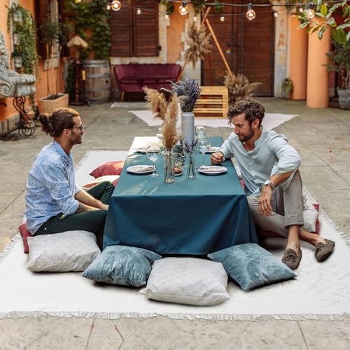 Hahafelt 91x 71 in Extra Large Outdoor Picnic Blanket with Waterproof Mat Oversize Beach Woven Cotton Yarn Blanket with Fringe Machine Sandproof for Spring Summer Camping Beach Park(Boho,White) - color: White
