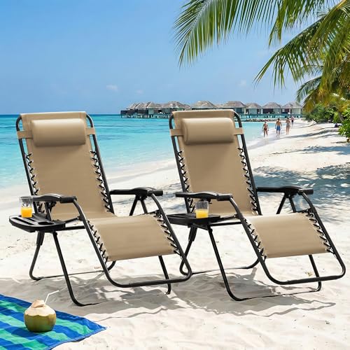 Homall Zero Gravity Chair Patio Folding Lawn Outdoor Lounge Gravity Camp Reclining Lounge Chair with Cup Holder Pillows for Poolside Backyard and Beach Set of 4 (Beige) - color: Beige, size: 4 PCS