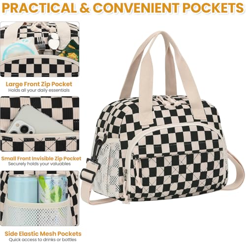ELONGRIVER Corduroy Insulated Lunch Bag for Women Teen Girls, Portable Adult Lunch Box, Reusable Tote Cooler Bags, Lightweight Womens Lunch Bags with Front Pockets Work Picnic Travel, Black Checkered - color: Black Checkered