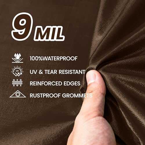 Waterproof Tarp Heavy Duty 9 Mil Thick Material - 10 x 12 Feet, Brown Sliver - color: 9mil Brown/Silver, size: 10x12 FT
