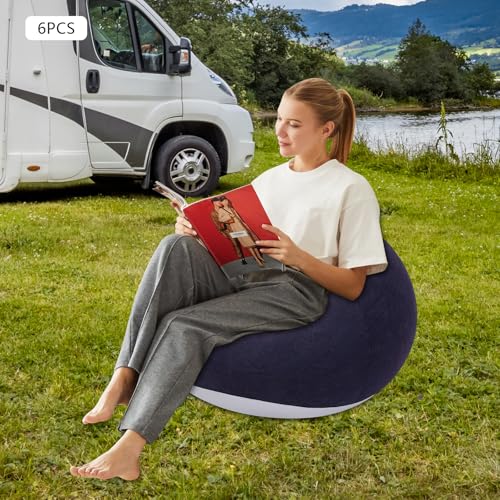 6 Pcs Bean Bag Chair with Air Pump, Portable Inflatable Couch Blow Up Lazy Sofa 330LBS Load Capacity, Folding Beanbag Air Sofa for Camping, Outdoor Movie Nights, Living Room (Deep Blue)
