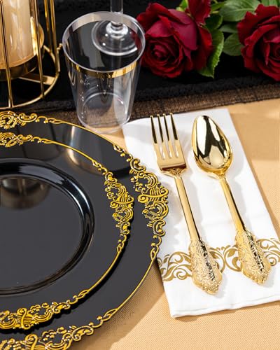 Nervure 350PCS Black Plastic Plates - Black Plastic Dinnerware Sets for 50 Guests - 100 Disposable Plates, 150 Gold Silverware, 50 Cups, 50 Napkins for Wedding & Party & Graduation & Retirement - color: Black
