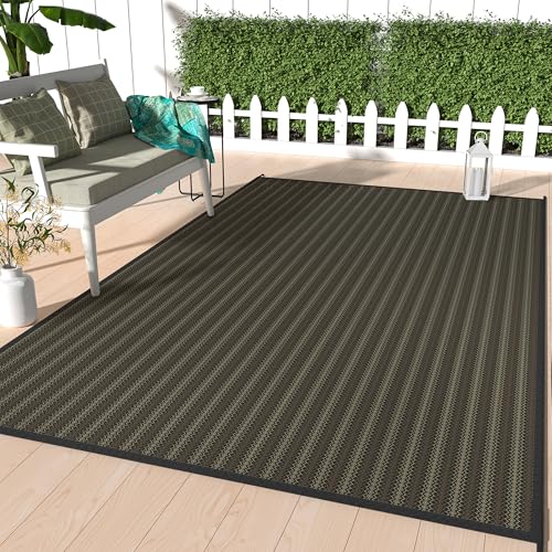 GENIMO Outdoor Rug 5x8 ft Waterproof, Reversible Plastic Straw Patio Rug for RV Camping Mat, Deck, Backyard Balcony Mat - Lightweight & Easy to Clean, Black & Brown - color: Blackbrown-w, size: 5' x 8' (Rectangular)