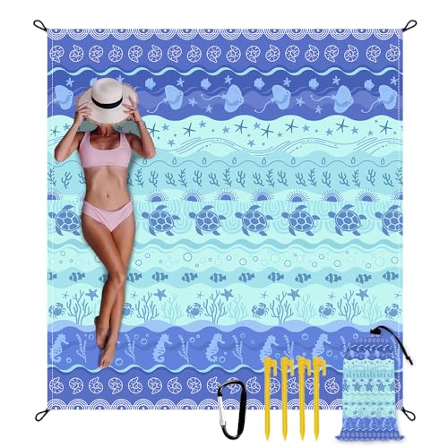 Beach Blanket Waterproof Sandproof Oversized 9 Ft X 10 Ft Sand Free Extra Large Beach Mat with 4 Corner Pockets and Stakes Lightweight Portable for Beach Picnic Travel Camping Outdoor - color: Marine Life, size: 9 X 10 FT(1-8 Person)
