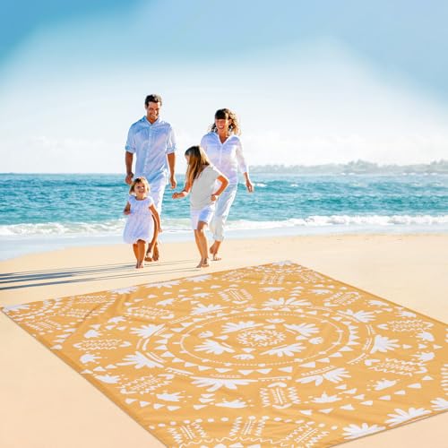110''×118'' Extra Large Sandproof Beach Blanket 4-8 Adults, Waterproof Foldable Picnic Blankets with 4 Stakes & 4 Pockets, Lightweight Boho Outdoor Beach Mat for Travel, Camping, Hiking - color: Boho Honey, size: 9x10 Ft (1～8 Person)