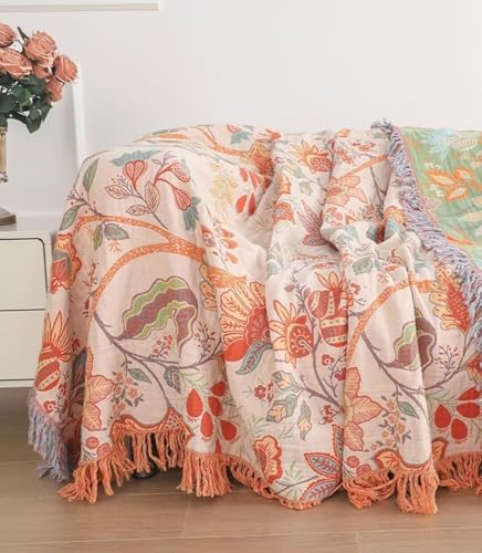 Boho Throw Blanket for Bed 100% Cotton Bohemian Blankets Ultra Soft Woven Muslin Decorative Blankets All Seasons Vintage Quilt Knitted Blanket for Sofa Chair(Orange, 60"x80") - color: D-orange, size: 60"x80"