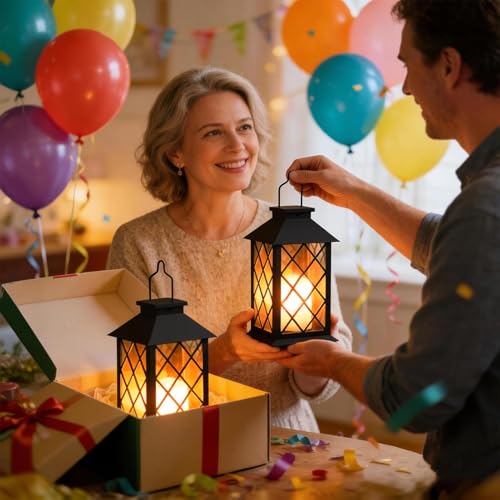 Solar Lanterns Outdoor Waterproof, 2 Pack 9" Glass Hanging Solar Lights with Flickering Flameless Candle, Outdoor Lanterns for Patio Wall Porch Table Garden Tree, Gift for Women Mom - Black - size: Black 9"