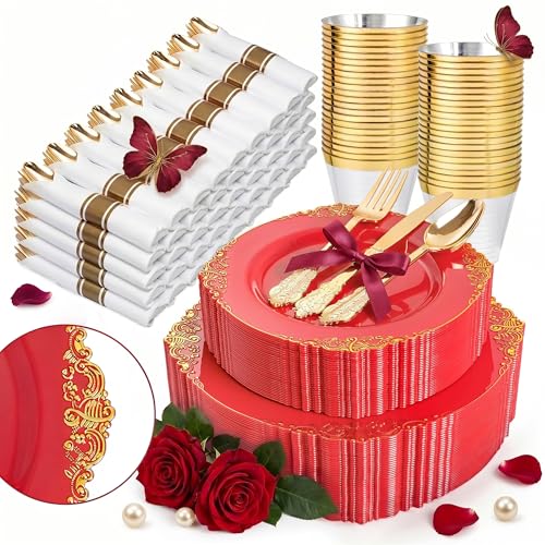 Nervure 350PCS Red Plastic Plates - Red Gold Plastic Dinnerware Sets for 50 Guests - 100 Gold Disposable Plates, 50 Pre Rolled Silverware Sets, 50 Cups Perfect for Wedding & Party & Mothers Day - color: Red and Gold