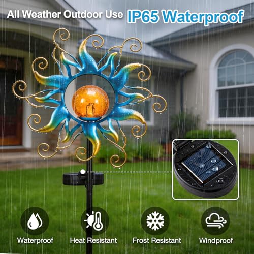 Solar Lights Outdoor Garden Decor, Blue Metal Sun Crackle Glass Globe Stake Waterproof 30LED Decorations Unique Gifts for Women,Mom,Outside, Patio,Lawn,Yard,Pathway - color: Sun Light