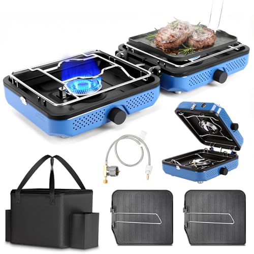 Hisencn Camping Stove,2 Burner Propane Camping Stove,Dual Griddles,30,000 BTU Portable Propane Stove with Carry Bag,Outdoor Cooking Stove set for Camping Gear,RV Essentials,Camp Gifts for Man,Blue - color: Blue
