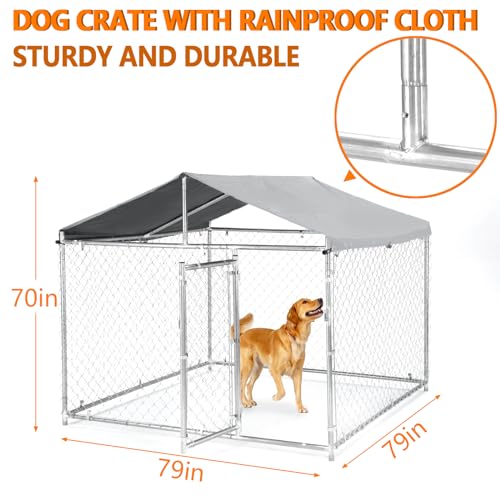 Outdoor Dog Kennel for Large Dogs 6.5x6.5x5.5FT Heavy Duty Welded Wire Steel Dog Playpen Fence Pet Pen with UV-Resistant Waterproof Roof Cover for Outside Steel Fence with Secure Lock