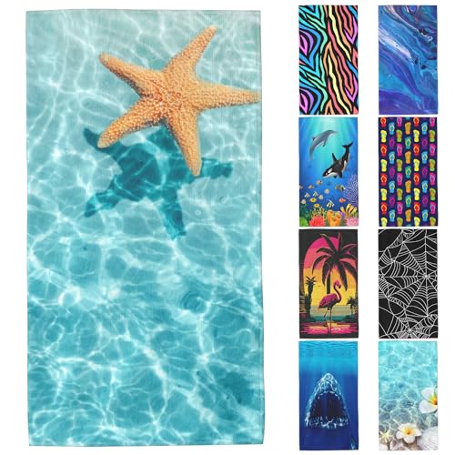 Starfish Microfiber Beach Towels,Starfish on Summer Beach in Sea Water Oversized Absorbent Bath Towels,Soft Quick Dry Thin Camping Towel for Adults Women Men,29.5"×59" - color: Starfish on Summer Beach in Sea Water