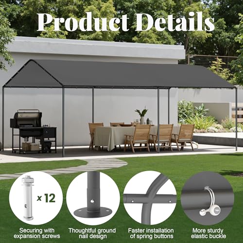 Carport, 10‘ x 20’ Heavy Duty Portable Garage All-Season Car Canopy, Outdoor Garage Boat Shelter Carport Canopy Party Tent w/Water-Resistant Tarp for Backyard (Grey, 10' x 20' /no Side) - color: Gray, size: 10' x 20' /no side