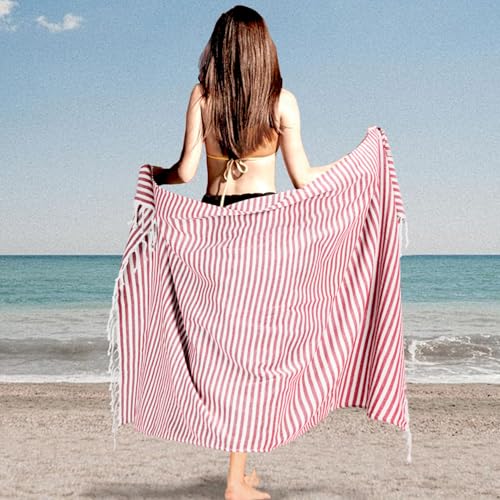 Turkish Striped Beach Towels Bulk Oversized 39"x71" Large Bath and Pool Set Quick Dry Lightweight Travel Towel for Adult,100% Cotton TEBT-18-1red - color: Red, size: 1 Pack