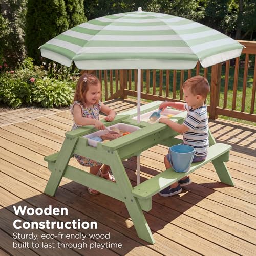 Best Choice Products Kids Picnic Table with Umbrella, 3-in-1 Sand & Water Table, Outdoor Convertible Picnic Table for Toddlers, Seats 4, Removable Top, 2 Buckets - Sage - color: Sage