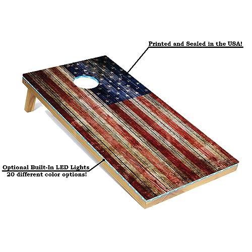 Tailgating Pros Cornhole Boards - 4'x2' Regulation Boards w/Carrying Case, Score Keeper, & Set of 8 Corn Filled Bags w/Tote - size: 4'x2' Boards w/ LED Ring Lights, style: Rustic Flag