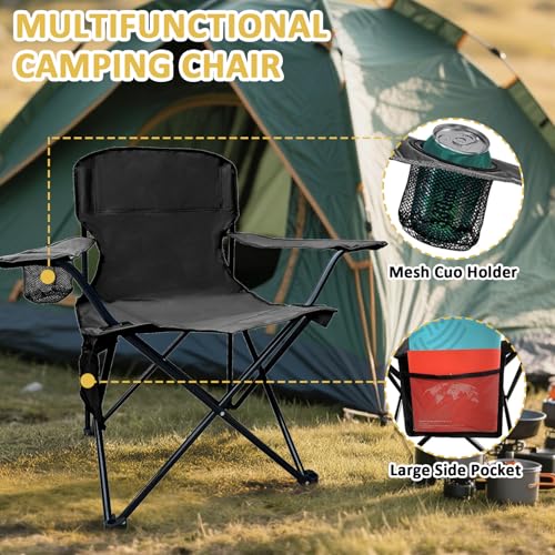 Folding Camping Chair with Cup Holder & Storage Bag, 225lbs Capacity, Large Anti-Sink Feet, Breathable PE Coated Fabric for Outdoor, Hiking, Beach, Fishing, Backpacking, 2PCS Black - color: Black, style: 2PACK