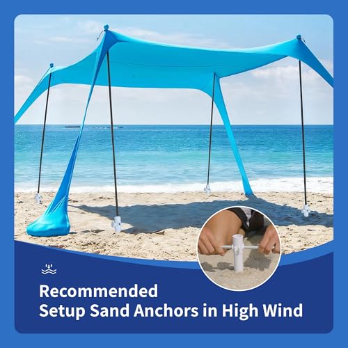 AMMSUN Beach Tent Sun Shelter, 11x11 FT Beach Canopy Tent Sun Shade with 4 Sand Anchor & Sand Bags | UPF 50+ Protection | 4 Thickened Poles | Windproof & Lightweight for Camping, Sky Blue - color: Sky Blue, size: 11x11 FT (4 Pole)