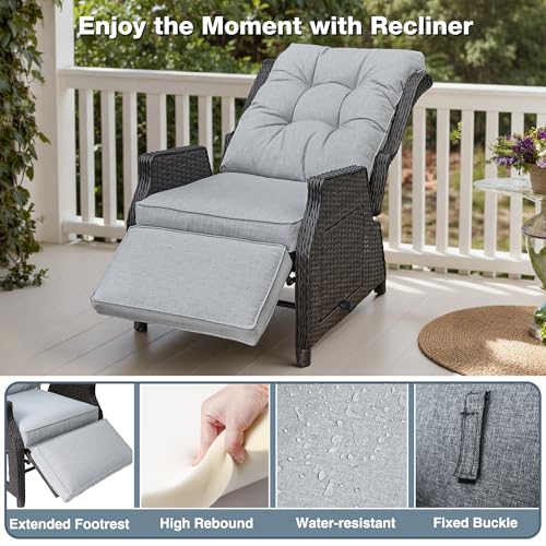 Outdoor Indoor Wicker Recliner with Adjustable Back and Footrest, Patio Reclining Chair with Flip-up Table, Outdoor Rattan Lounge Chair, Light Grey - color: Light Grey, size: 1PCS