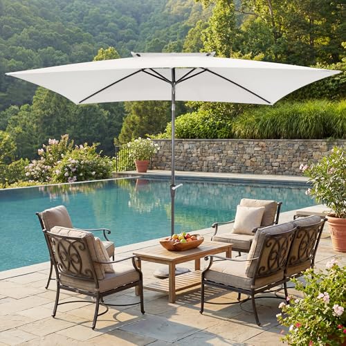 6.6 x 10 ft Rectangular Patio Umbrella, Outdoor Market Table Umbrella with Push Button Tilt and Crank, Double-Tier Vent, 6 Ribs, Rectangle Patio Umbrella for Backyard, Deck, Pool, Fits 4–6 Chairs and Tables (White) - color: White