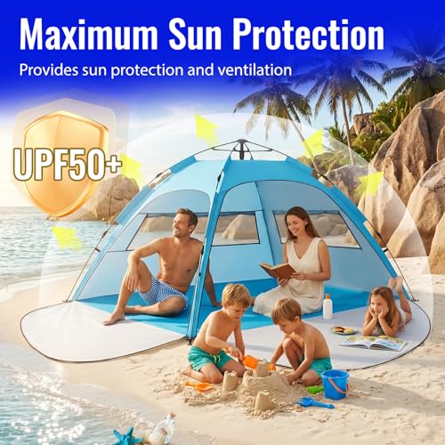Beach Tent Sun Shelter – Pop Up Easy Setup in 3S Instant Tents for 4/5 Person Beach Umbrella Sun Shelter Shade, UV 50+ Protection, Wind Resistant, Lightweight Portable Baby Tents Shade for Family