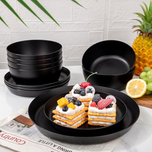 EI 12pcs Wheat Straw Dinnerware Set of 4,Plates and Bowls Sets,Plastic Plate Reuasble Unbreakable,Heavy Duty Plastic Plates for Camping,Picninc,Family Dinner - color: Black Wheat Straw Plates and Bowls