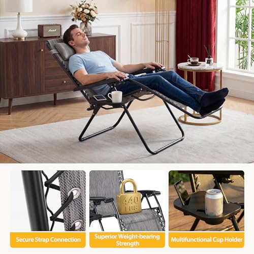 NEWBULIG Zero Gravity Chair Set of 2, Lounge Chair Folding Portable Adjustable Camping Reclining Chairs with Adjustable Pollow, Mesh Back, Cup Holder Trays Lawn Patio Chair for Pool Beach - Grey - color: Grey, size: 2 Pack