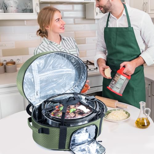Insulated Slow Cooker Carrying Bag for 6-8 Quart CrockPot and Hamilton Beach Slow Cooker with See-thought Window, Portable Carrier Case with Adjustable Band and Accessory Pocket - color: Green