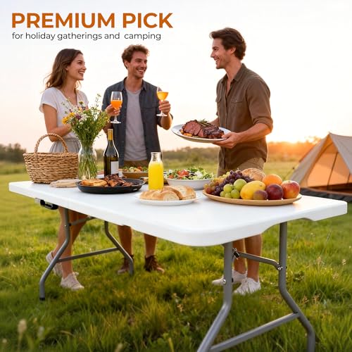5ft Folding Table Heavy Duty 350 LBS Capacity Foldable Table with 18% Thicker HDPE Waterproof Top & Reinforced Steel Frame, Portable Fold-in-Half Table for Outdoor Indoor Party Wedding Camping - color: White, size: 5Ft