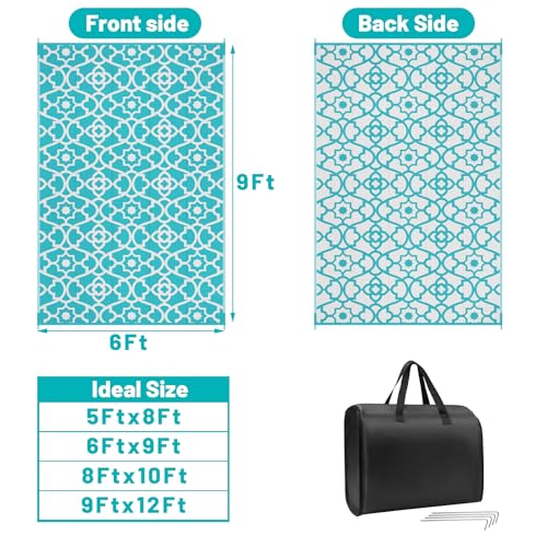 HEBE Outdoor Rug Waterproof 6x9, Plastic Straw Rug Camping Rug, Reversible Outdoor Patio Rugs RV Mat Clearance, Indoor Outside Floor Carpet for Porch,Deck,Camper,Balcony,Backyard - color: Teal, size: 6' x 9' (Rectangular)