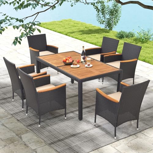 HAPPYGRILL 7 Pieces Outdoor Dining Set, Patio Conversation Set with Umbrella Hole, Acacia Wood Tabletop & Seat Cushions, Dining Table with 6 Rattan Wicker Chairs for Backyard Poolside Deck - color: Black & Beige