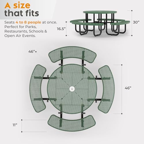 Metal Picnic Tables for Outdoors with Umbrella Hole - Coated Steel Heavy Duty Commercial Grade Furniture Set with Adjustable Seats (Green, 46 in, Round, Punched Steel) - color: Green, size: 46 In, Round, Punched Steel