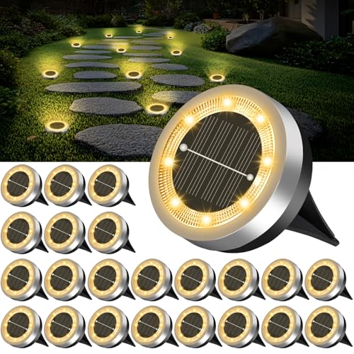 Mini Solar Ground Lights Outdoor 24 Pack Waterproof Upgraded Anti-Rust Solar Flat Garden Lights Stainless Steel Solor Powered Disc Landscape Light for Pathway Walkway Yard Lawn Patio-Warm White - color: Warm White, size: 24 Pack