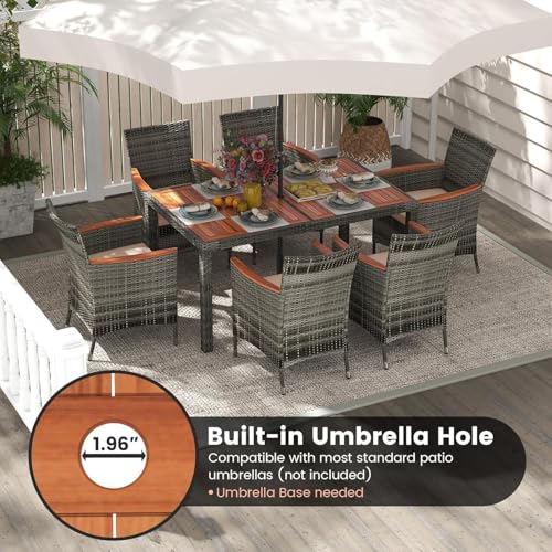 HAPPYGRILL 7 Piece Patio Rattan Dining Set Outdoor Wicker Chair & Table Set, Acacia Wood Tabletop & Armrests, Seat Cushions Included, Space-Saving Dining Set for Poolside Backyard Garden - color: Mix Grey & Beige