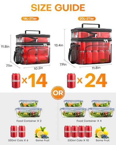 HOTOR Insulated Lunch Box for Men & Women - Leak-Proof Cooler Lunch Bag with 4 Pockets, Adjustable Strap, Ideal for Work, Picnic, Travel - Black, 2 Layers, Medium, 10.24"×7.09"×11.81" - color: Black, size: 14l - 2 Tier