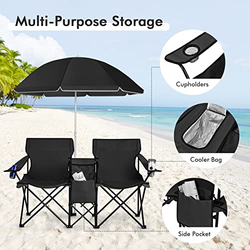 LUARANE Folding Double Camping Chair, Outdoor Picnic Chairs w/Removable Umbrella, Mini Table, Cup Holder & Carrying Bag, Portable Camping Loveseat for Patio, Pool, Lawn, Beach, Park (Black) - color: Black