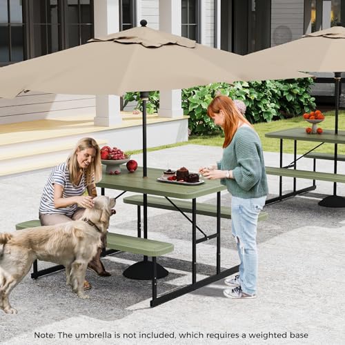 LDAILY Picnic Tables with Benches, Rectangular Dining Table Set for Outside 4 People, HDPE Tabletop, Metal Frame, Umbrella Hole, Heavy Duty Picnic Table for Outdoors, Patio, Lawn, Commercial (Green) - color: Green