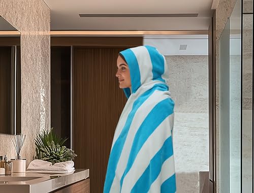 COTTON CRAFT Hooded Beach Towel - Oversized XXL 35x84 Towel with Hood for Adults - The Big Kahuna 7 Foot Beach Blanket Towel - Big & Tall Soft 100% Cotton Velour - Pool Bath Wrap - Cabana Stripe Aqua - color: Cabana Stripe - Aqua, size: 1 Pack - 35x84 Hoo