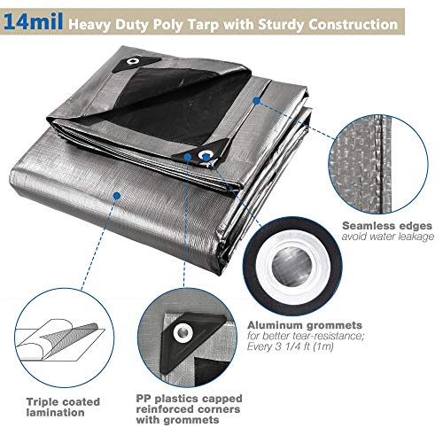 Yescom 12x20FT 14-Mil Plastic Tarp Waterproof Heavy Duty Tarpaulin with Eyelets Reversible Tear Resistant Furniture Covers Painting Camping Roof - color: 14mil-1pc-silver, size: 12X20 Ft