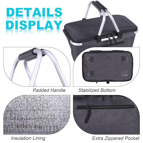 Picnic Basket, SIYUAN Collapsible Market Basket Insulted Cooler with Handles 27L Large Farmers Grocery Basket with Lid Portable Tote Bag, Black - color: Black