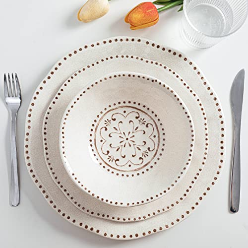 LEHAHA Beaded Crackle 12 Piece Melamine Camping Dinnerware Set, Plates and Bowls Sets, Indoor and Outdoor Use, Break-Resistant Rustic RV Dishes Set, Service for 4(Ivory)… - color: Ivory